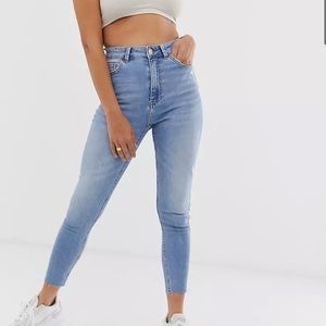 Bershka super high waist skinny jean in mid blue
